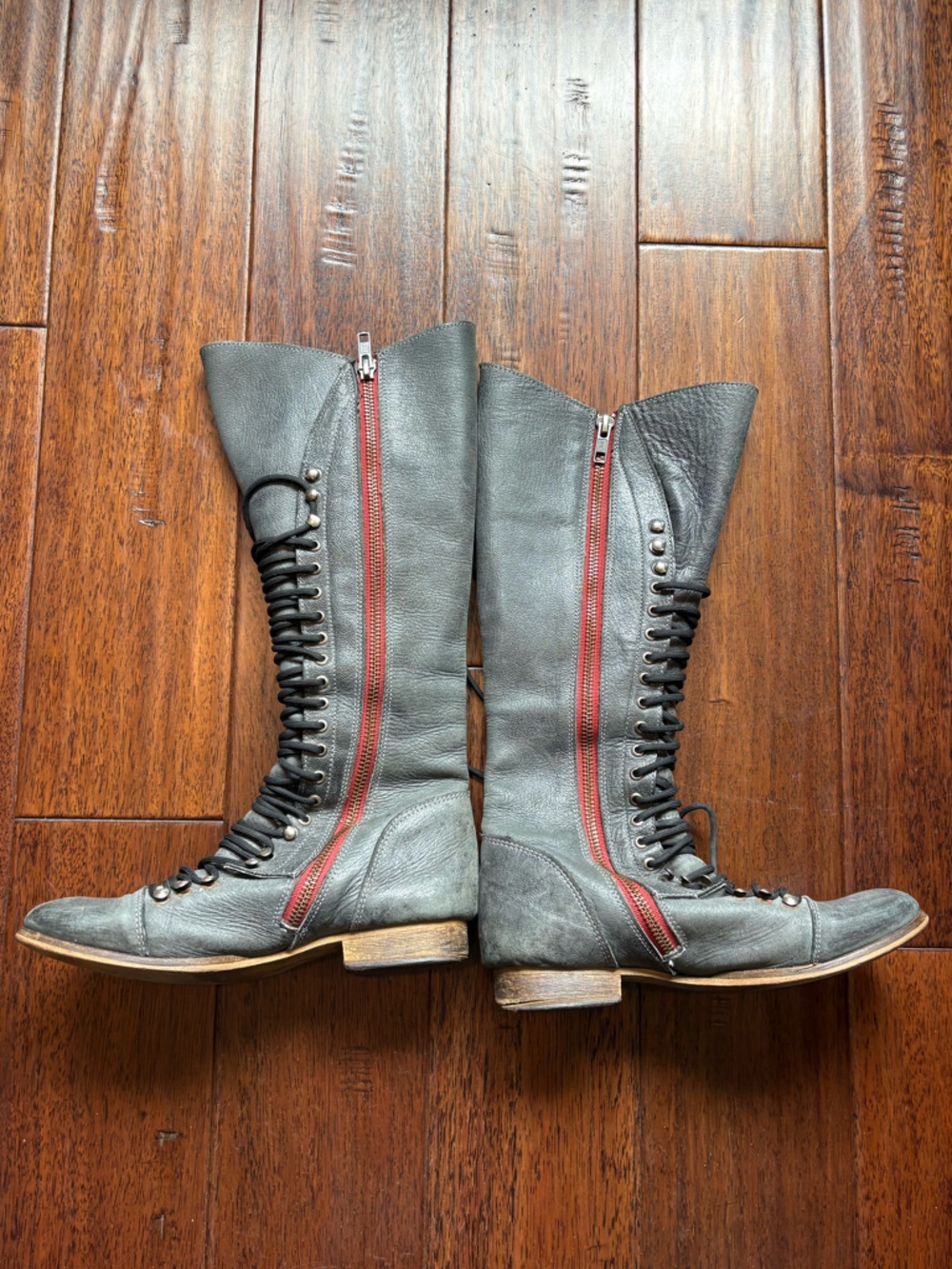 Vintage Steve Madden Military Style Leather Knee High Lace-Up Boots Red Zipper